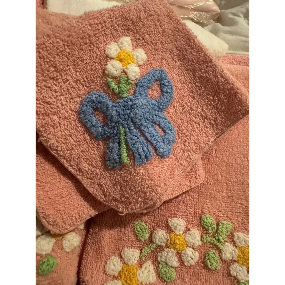 Cannon Pink Cotton Towel Set 4 Blue Bow Daisy Floral Embroidery Cottagecore Vtg
